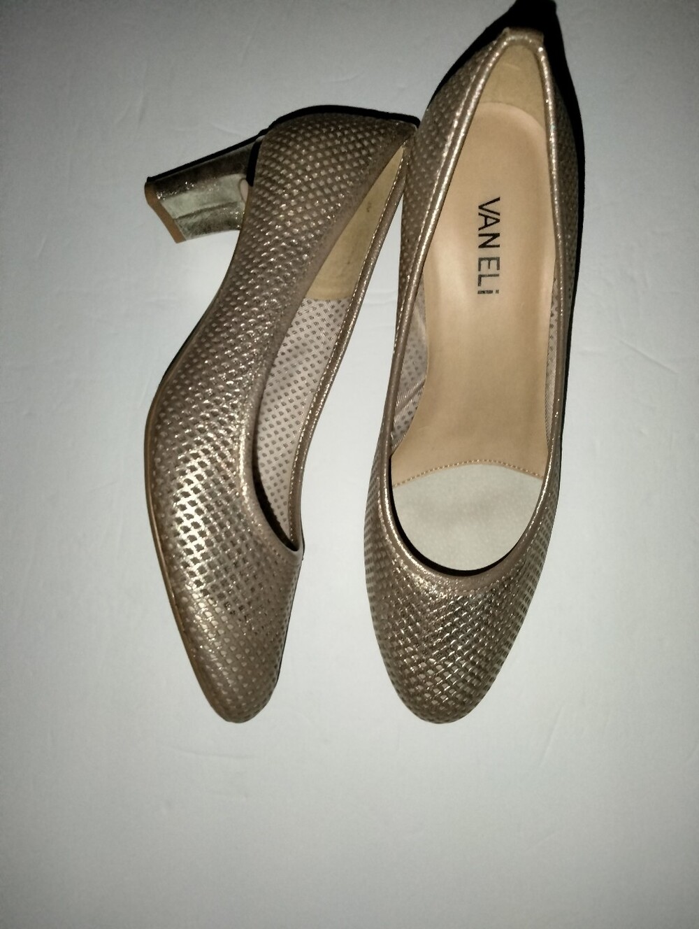 Vaneli (Size 8M) Metallic Taupe/Gold Perforated Upper Low Block 2.5" Heel Pumps